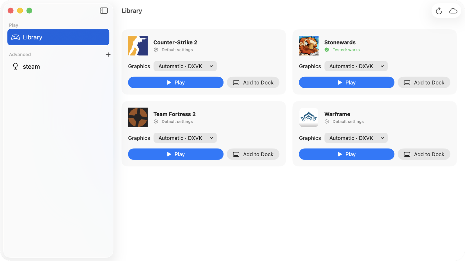 Barrel.app library with Counter-Strike 2, Stonewards, Team Fortress 2 and Warframe, each with Play, graphics and Add to Dock