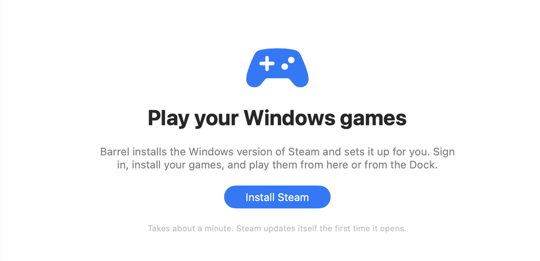 Barrel.app welcome screen with the Install Steam button